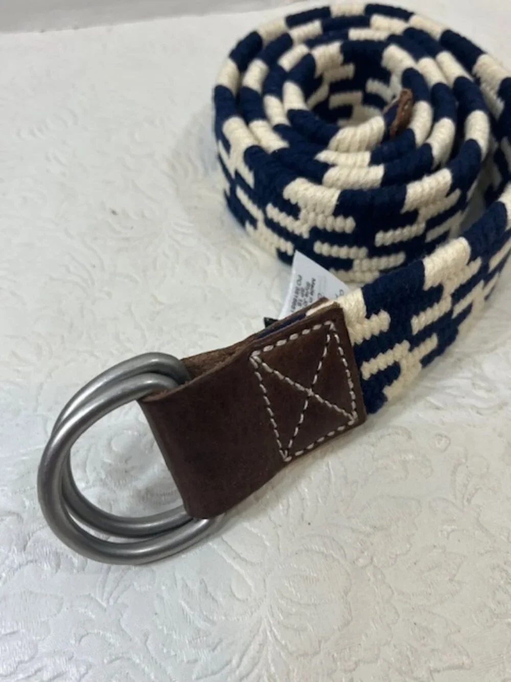 J.Crew Navy Blue & White Woven Cotton Belt Leather Trim Double D-Ring Buckle S-M